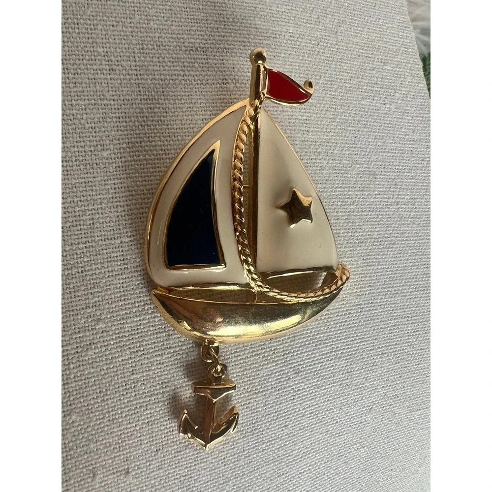 Avon Sailboat Brooch Nautical Enamel Anchor Charm Coastal Grandma Vintage Resort